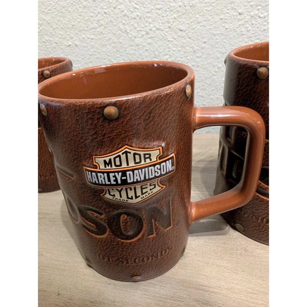 Harley Davidson Mug Lot of 3 2003 Brown 3D Embossed Faux Leather Motorcycle Vtg